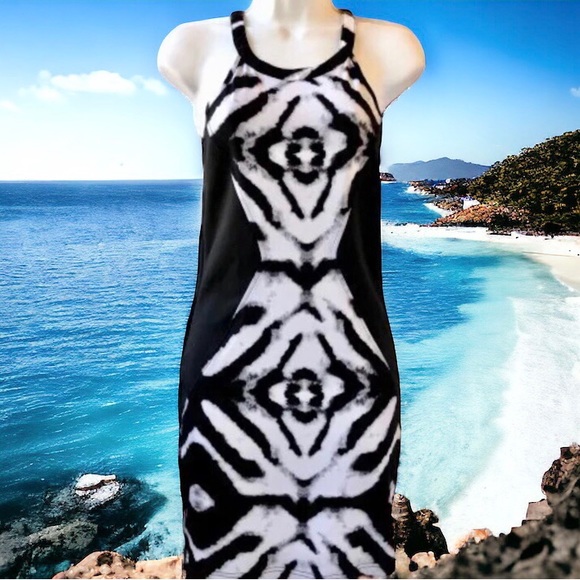 Bebe Dress Sleeveless Tribal Ink with Chain Trim Stretch NEW with tags - Picture 3 of 11